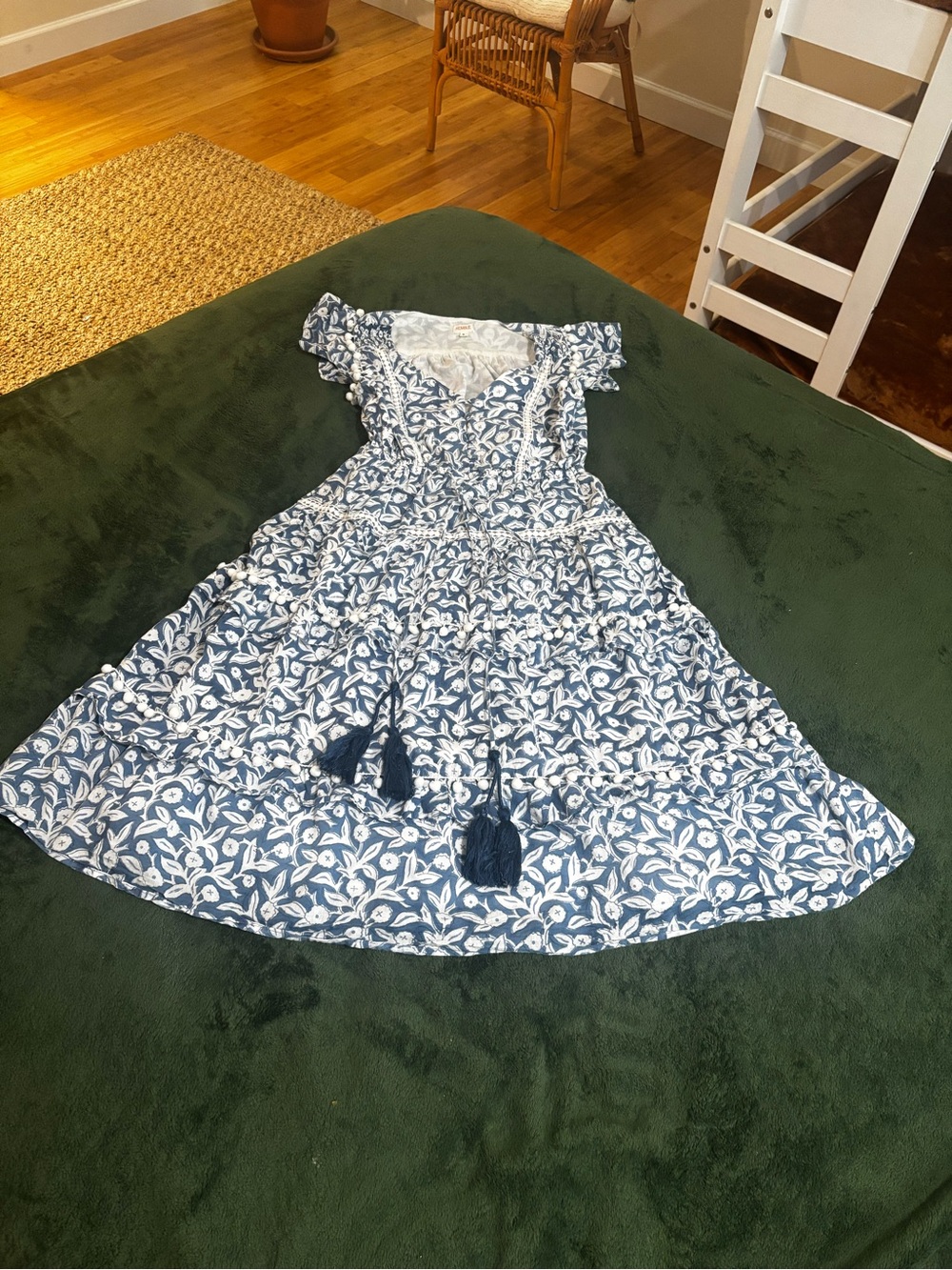 the Kemble Shop tiered dress blue and white Pom Pom tassels small